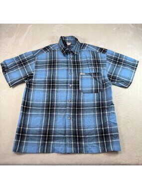 Vintage Caltop Flannel Button Down Shirt Short Sleeve Blue Black Plaid Mens L
